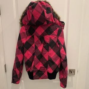 Roxy Pink Buffalo Plaid Jacket with Fur Trim Hood